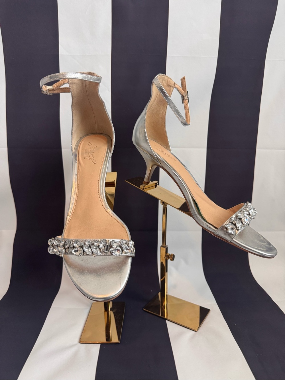 Badgley Mischka Silver Crystal-Trim Ankle-Strap Heels